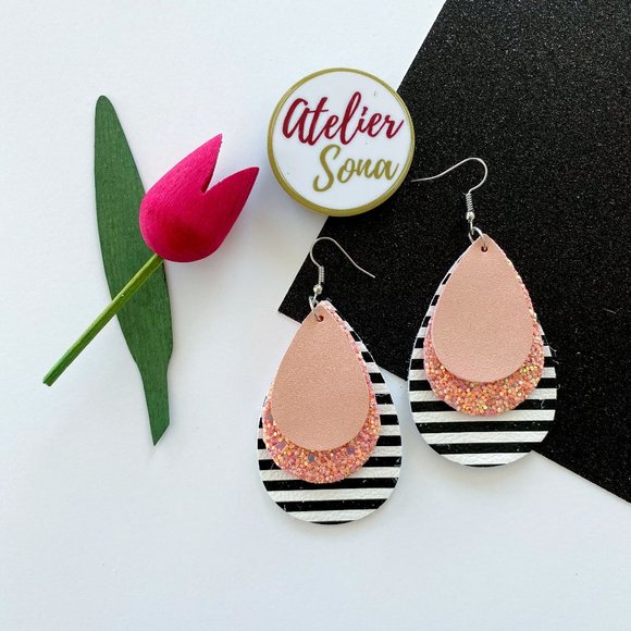 Atelier Sona Jewelry - Sparkly, Striped Tear Drop Earrings - Mauve